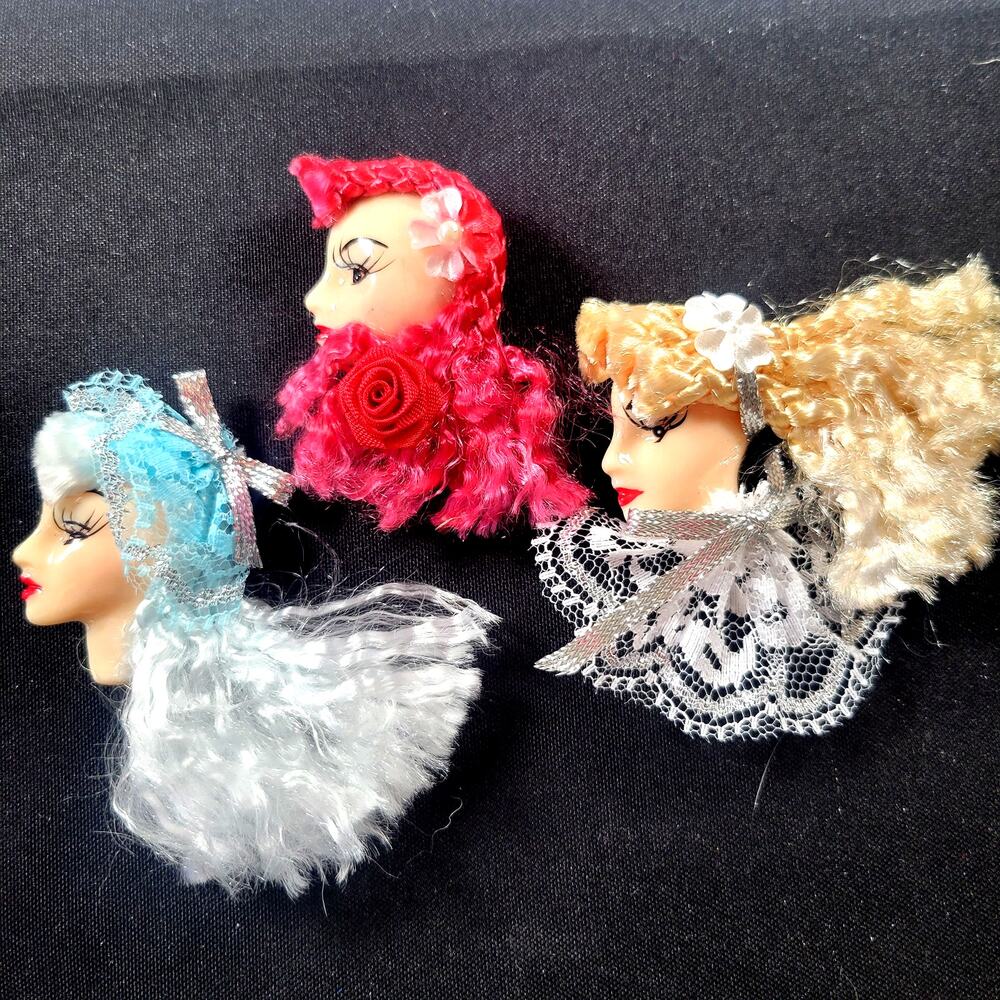 Glamour Lady Head Brooch Face Lot of 3 Blue Red White Silver With Gift Boxes